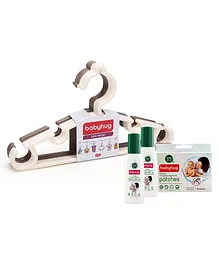 Babyhug Set Of 6 Hangers - Cream And Light Brown with Natural Mosquito Repellent Patches (48 pcs) & Fabric Roll On (8ml - Pack of 2) - Set of 4