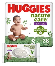 Huggies Premium Nature Care Pants Small Size Diapers - 28 Pieces & Huggies Nature Care Baby Wipes - Plant Based with Aloe Vera & Calendula - 72 pieces