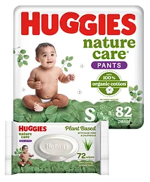 Huggies Premium Nature Care Pants Small Size Diapers - 82 Pieces & Huggies Nature Care Baby Wipes - Plant Based with Aloe Vera & Calendula - 72 pieces