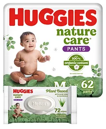 Huggies Premium Nature Care Pants Medium Size Diapers - 62 Pieces & Huggies Nature Care Baby Wipes - Plant Based with Aloe Vera & Calendula - 72 pieces