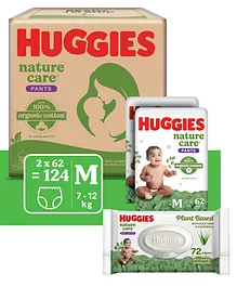 Huggies Premium Nature Care Pants Monthly Pack Medium Size Diapers - 124 Pieces & Huggies Nature Care Baby Wipes - Plant Based with Aloe Vera & Calendula - 72 pieces