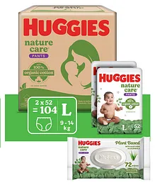 Huggies Premium Nature Care Pants Monthly Pack Large Size Diapers - 104 Pieces & Huggies Nature Care Baby Wipes - Plant Based with Aloe Vera & Calendula - 72 pieces