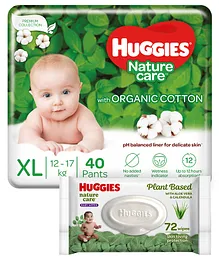 Huggies Nature Care Pants with Organic Cotton Extra Large Diaper Pants - 40 Count & Huggies Nature Care Baby Wipes - Plant Based with Aloe Vera & Calendula - 72 pieces