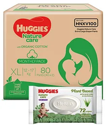Huggies Nature Care Pants with Organic Cotton Monthly Pack Extra Large Size Diaper Pants - 80 Count & Huggies Nature Care Baby Wipes - Plant Based with Aloe Vera & Calendula - 72 pieces