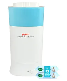 Pigeon Compact Steam Sterilizer - White Blue & Mother Sparsh Pure Water Baby Wipes Pack of 2 - 72 Pieces