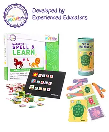 Intelliskills Language Series Magnetic Spell & Learn - (64 Picture & 144 Alphabet Magnets) & Sea Animals Stick Puzzles (18 Pieces)