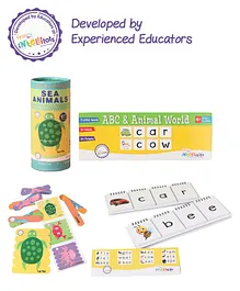 Intelliskills Word Builder ABC and Animal World Set of 2 & Sea Animals Stick Puzzles (18 Pieces)