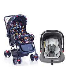 Babyhug Amber Car Seat Cum Carry Cot With Rocking Base & GreyBabyhug Cosy Cosmo Stroller With Reversible Handle & Back Pocket - Navy Blue