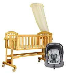 babyhug amber car seat cum carry cot with rocking base & greybabyhug ionia wooden cradle with mosquito net  natural finish
