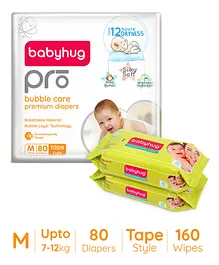 Babyhug Pro Bubble care premium Tape Style Diaper Medium - 80 Pieces & Babyhug Premium 98% Water Baby Wet Wipes - 80 Pieces -(Pack of 2)