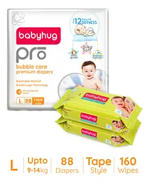 Babyhug Pro Bubble care premium Tape Style Diaper Large - 88 Pieces & Babyhug Premium 98% Water Baby Wet Wipes - 80 Pieces -(Pack of 2)