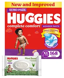 Huggies Complete Comfort Wonder Pants Extra Large (XL) Size Baby Diaper Pants Sumo Pack  - 168 Pieces & Huggies Nature Care Baby Wipes Plant Based with Aloe Vera & Calendula - 72 pieces