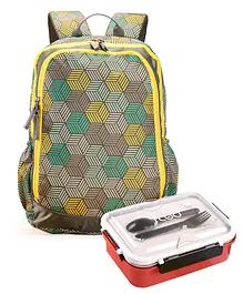 Pine Kids School Backpack Cubes Print with Stainless Steel  Lunch Box - Multicolor