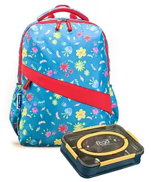 Pine Kids School Floral Theme Backpack  with Stainless Steel Lunch Box-Multicolor