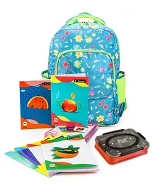 Pine kids Azure School Backpack with Mini Lunch Box & Premium A4 Fruit Series Single Line Ruled Exercise Notebook Set