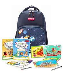 Babyhug School Backpack Space Print with Cursive Writing Activity Books (Capital & Small Letters) & Drawing Exercise Unruled Books Pack