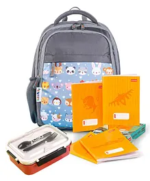 School Backpack Little Friends Print with Premium Brown Cover Square Lines Exercise Book Set & Premium Lunch Box With Fork And Spoon