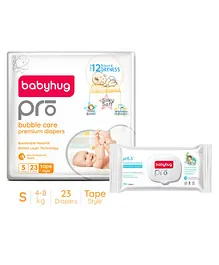 Babyhug Pro Bubble care premium Tape Style Diaper Small - 23 Pieces & Babyhug Pro pH 55 Moisture Balance Bamboo Wipes - 72 pieces