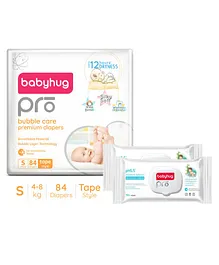 Babyhug Pro Bubble care premium Tape Style Diaper Small - 84 Pieces & Babyhug Pro pH 55 Moisture Balance Bamboo Wipes - 72 pieces -(Pack of 2)