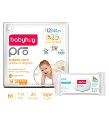 Babyhug Pro Bubble care premium Tape Style Diaper Medium - 25 Pieces & Babyhug Pro pH 55 Moisture Balance Bamboo Wipes - 72 pieces