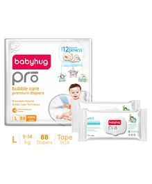Babyhug Pro Bubble care premium Tape Style Diaper Large - 88 Pieces & Babyhug Pro pH 55 Moisture Balance Bamboo Wipes - 72 pieces -(Pack of 2)