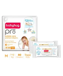 Babyhug Pro Bubble care premium Tape Style Diaper Medium - 80 Pieces & Babyhug Advanced 99 Water Wipes - 72 pieces -(Pack of 2)
