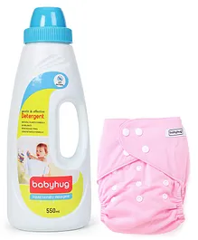 Babyhug Free Size Reusable Cloth Diaper With Insert - Light Pink- 1 Qty and Babyhug Liquid Laundry Detergent - 550 ml- 1 Qty