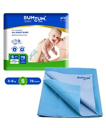 Bumtum Baby Pull Up Ultra Soft Small Size Diaper Pants - 78 Pieces & Bumtum Dry Sheet Instadry Leakproof Baby Bed Protector ( Small Size 50-70cm - Pack of 1 )