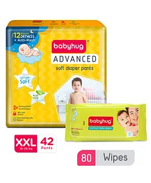 Babyhug Advanced Pant Style Diapers XXL - 42 Pieces & Babyhug Premium 98% Water Baby Wet Wipes - 80 Pieces
