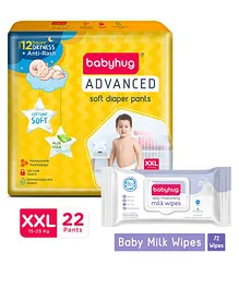 Babyhug Advanced Pant Style Diapers XXL - 22 Pieces & Babyhug Daily Moisturising Milk Wipes - 72 Pieces