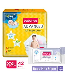 Babyhug Advanced Pant Style Diapers XXL - 42 Pieces & Babyhug Daily Moisturising Milk Wipes - 72 Pieces
