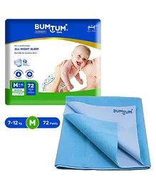 Bumtum Baby Pull Up Ultra Soft Medium Size Diaper Pants - 72 Pieces & Bumtum Dry Sheet Instadry Leakproof Baby Bed Protector Large - Blue