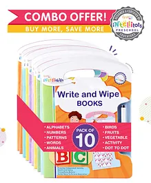 Pack of 10 - Intelliskills Write and Wipe Books (Alphabets, Numbers, Pattern Writing, Words, Animals, Birds, Fruits, Vegetables, Activity, and Dot to Dot)