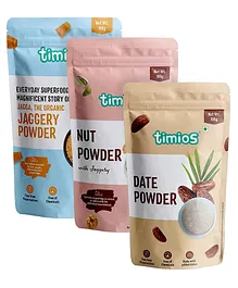 Timios Jaggery Powder Pack of 2-100 gm Each & Timios Nut Powder  For Kids and Adults-100g & Timios Organic Date Powder For Kids, Expecting Mothers and Adults-100g