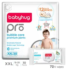 Babyhug Pro Bubble Care Premium Pant Style Diapers X Extra Large - 30 Pieces & Babyhug Pro pH 55 Moisture Balance Bamboo Wipes - 72 pieces