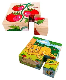 Trinkets & More 3D Wild Animal Block 6 Face Puzzle Wooden Cube Jigsaw 9 Pieces and Vegetable Theme 3D Jigsaw Puzzle Wooden Cube Block 6 Face 9 Pieces with Storage Tray
