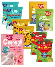 Slurrp Farm Strawberry, Ragi Milk Cereal & Mighty Munch Assorted Party Pack of 6 & Foxtail and Little Millet Noodles Pack of 2