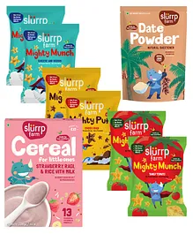 Slurrp Farm Strawberry, Ragi Milk Cereal & Date Powder & Mighty Munch Assorted Party Pack of 6
