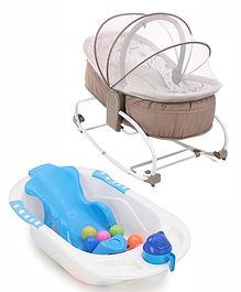 Baby Bathing Set With Detachable Bath Sling - Blue and Babyhug Opal 3 in 1 Cozy Rocker Sleeper With Mosquito Net- Beige(Without Toys)