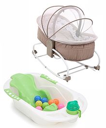 Baby Bathing Set With Detachable Bath Sling - Green and Babyhug Opal 3 in 1 Cozy Rocker Sleeper With Mosquito Net- Beige(Without Toys)