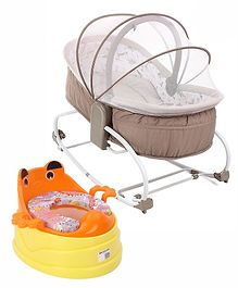 4 in 1 Potty Chair with Handle & Removable Bowl - Orange and Babyhug Opal 3 in 1 Cozy Rocker Sleeper With Mosquito Net- Beige(Without Toys)