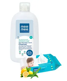 Mee Mee Caring Baby Wet Wipes With Lemon Fragrance - 72 Pieces & Mee Mee Baby Accessories And Vegetable Liquid Cleanser - 300 ml