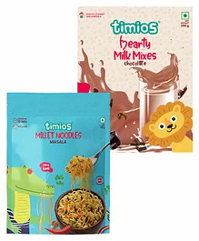 timios High Protein Chocolate Swirl Milk Mix - 250 g & timios Non Fried No Maida Millet Masala Flavoured Instant Noodles - 190 g