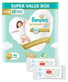 Pampers Premium Care Pants, Double Extra Large size baby diapers (XXL), 90 Count, Softest ever Pampers pants & Babyhug Advanced 99 Water Wipes - 72 pieces - (Pack of 2)