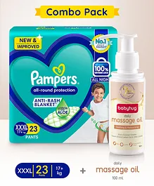 Pampers All round Protection Pants Extra Extra Extra Large size baby diapers (XXXL) 23 Count & Babyhug Daily Massage Oil - 100 ml