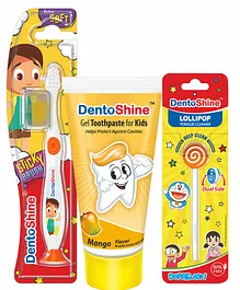 DentoShine Oral Care Combo Ages 2- (Sticky Toothbrush for Kids - Lollipop Tongue Cleaner - Flavored Toothpaste 80 g) (Mango)