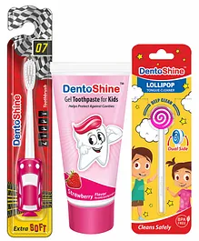 DentoShine Oral Care Combo Ages 3- (ZIPPY Toothbrush for Kids - Lollipop Tongue Cleaner - Flavored Toothpaste 80 g) (Strawberry)