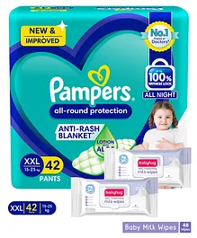 Pampers All round Protection Pants Double Extra Large size baby diapers (XXL) 42 Count Lotion with Aloe Vera & Babyhug Daily Moisturising Milk Wipes - 24 Pieces - (Pack of 2)