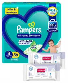 Pampers All round Protection Pants, Small size baby diapers (S) 86 Count, Lotion with Aloe Vera & Babyhug Daily Moisturising Milk Wipes - 24 Pieces - (Pack of 2)