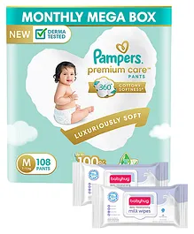 Pampers Premium Care Pants, Medium size baby diapers (M), 108 Count, Softest ever Pampers pants & Babyhug Daily Moisturising Milk Wipes - 24 Pieces - (Pack of 2)
